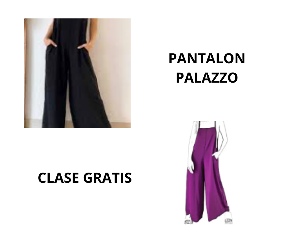 imagen promocional de una clase gratis para hacer un pantalón palazzo, con foto del pantalón negro y dibujo técnico en color violeta
