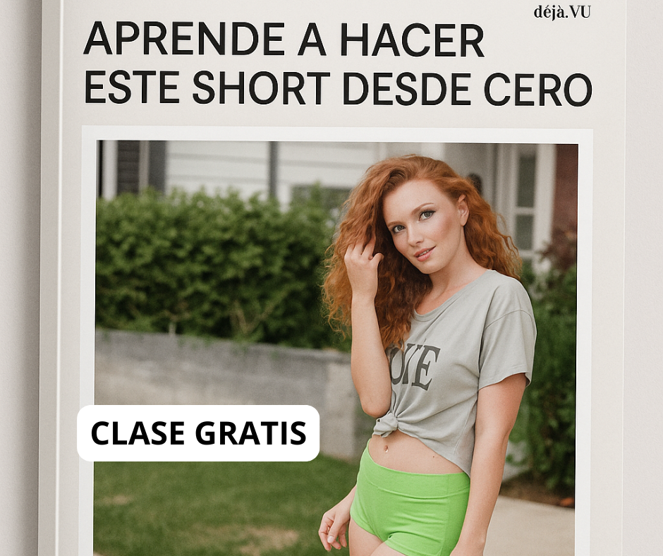 mujer posando con short deportivo verde, anuncio de clase gratuita para aprender a hacerlo desde cero