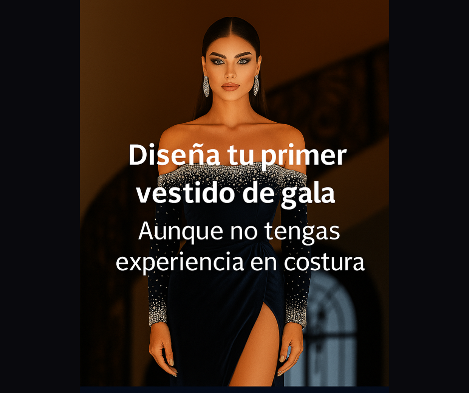 modelo luciendo un vestido de gala negro con texto promocional para aprender a diseñar vestidos aunque no tengas experiencia