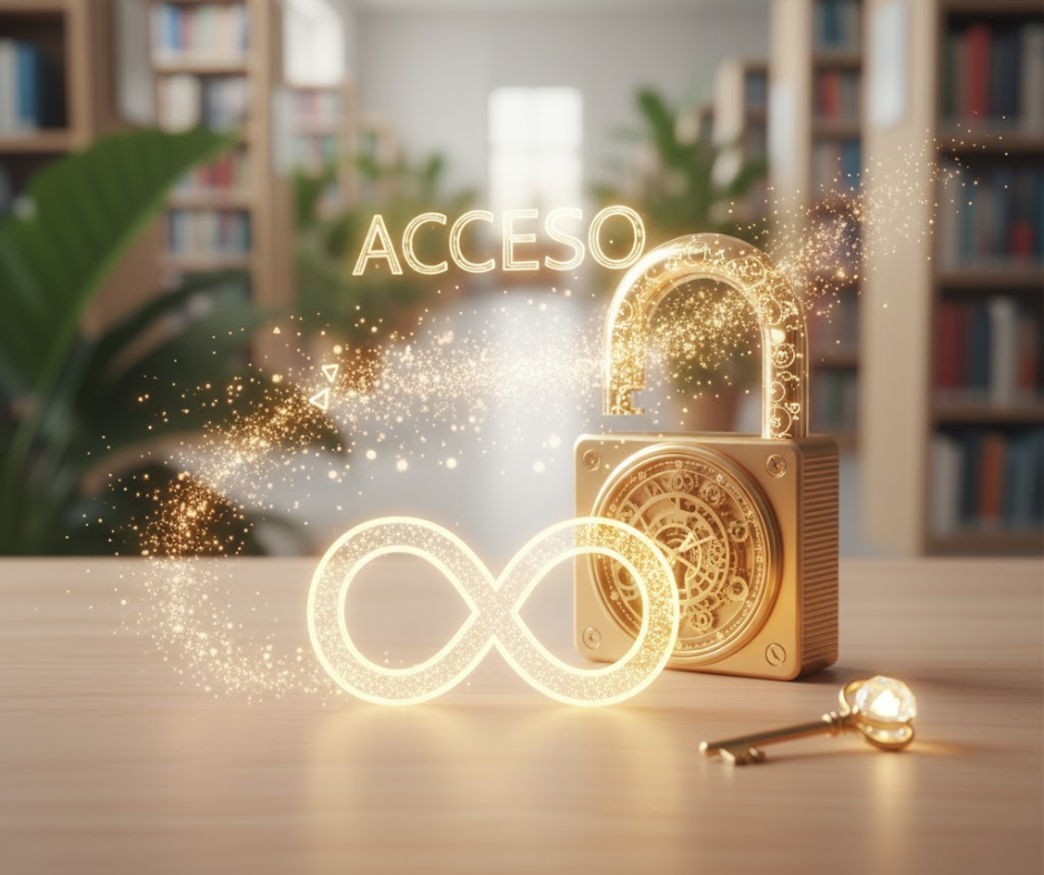 candado dorado abierto con símbolo de infinito luminoso que representa acceso de por vida a los cursos