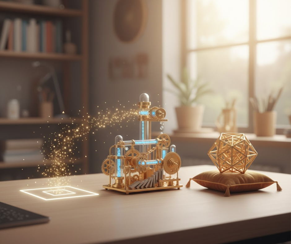 máquina conceptual dorada que construye estructuras a partir de un cuadrado luminoso, simbolizando cómo desde una base simple se puede crear cualquier prenda