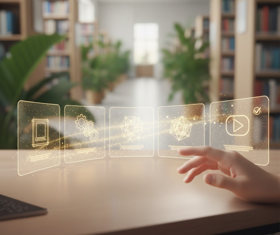 interfaz holográfica con módulos de estudio digitales manipulados con la mano en un ambiente de aprendizaje