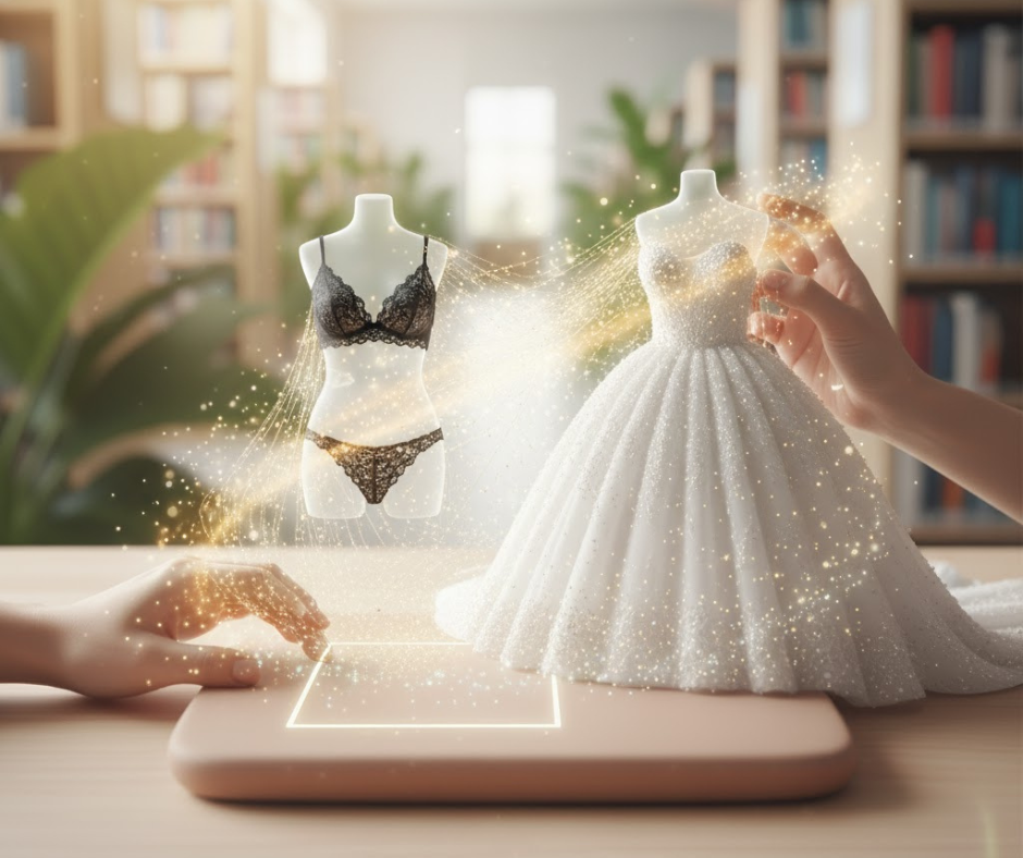 transformación de prendas desde un cuadrado mostrando una bombacha y un vestido de novia con efectos de luz