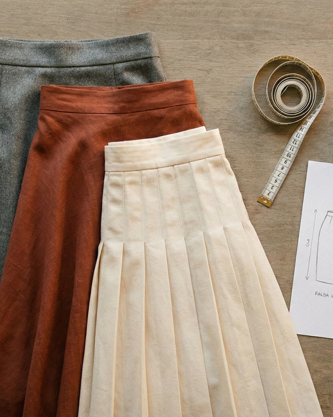 Faldas de diferentes tipos y telas con cinta métrica, ejemplo para elegir la falda ideal según el cuerpo