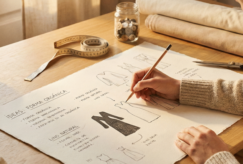 mujer diseñando una prenda de costura en papel, planificación de moda paso a paso