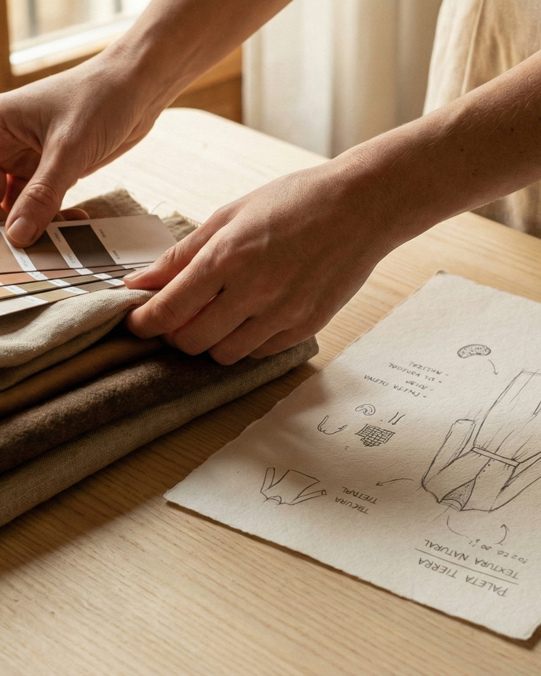 manos eligiendo telas y colores para un diseño de costura con boceto en papel