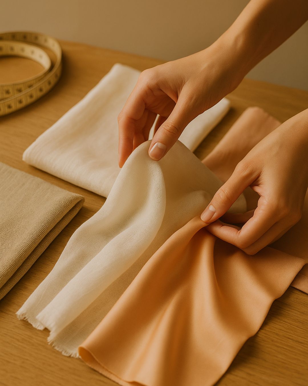 Manos evaluando diferentes telas para elegir la textura y caída adecuada en un proyecto de costura