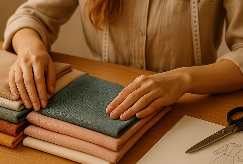 Mujer evaluando distintas telas sobre una mesa de costura para elegir la mejor opción para un diseño