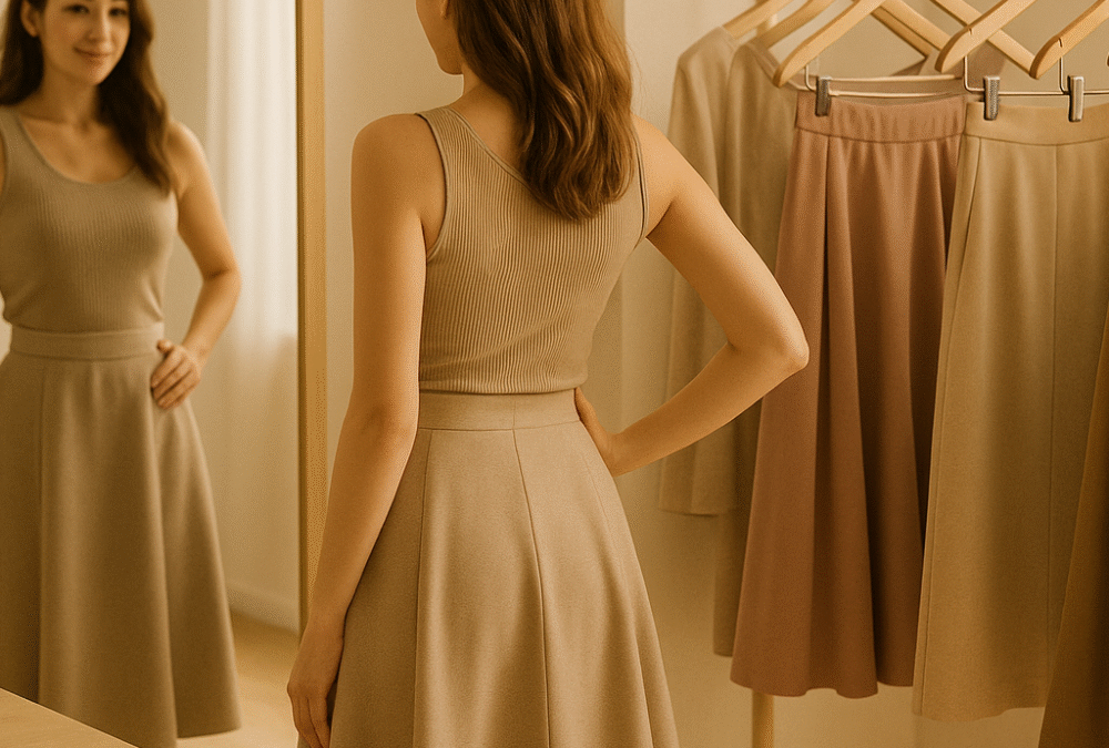 mujer de espaldas probándose una falda frente a un espejo,